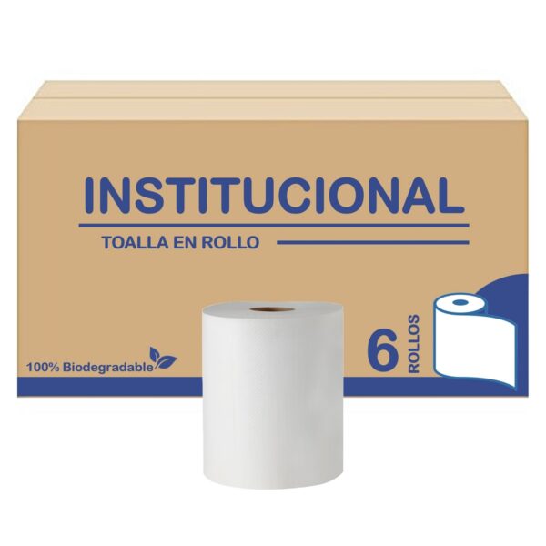 TOALLA EN ROLLO PARA MANOS BLANCA BIODEGRADABLE INSTITUCIONAL | CAJA CON 6 ROLLOS 100 METROS C/U